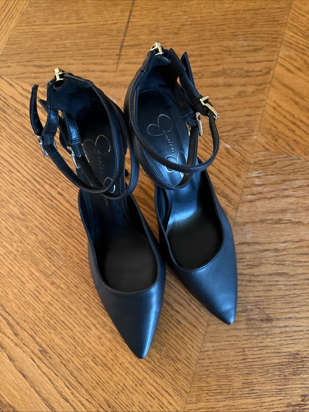Jessica Simpson Black Strappy Pumps with Gold Back Zipper sz 8.5, like new